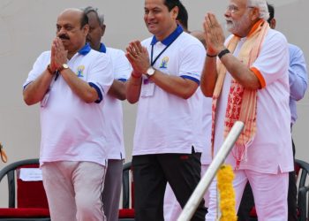 Prime Minister Narendra Modi with Chief Minister Basavaraj Bommai during Yoga Day celebrations 2022. File Photo.