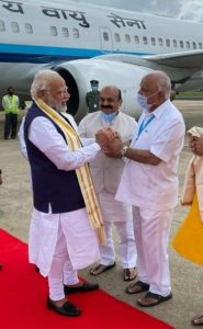 File photo showing Karnataka Chief Minister Basavaraj Bommai receiving Prime Minister Narendra Modi in Bengaluru along with former CM BS Yediyurappa