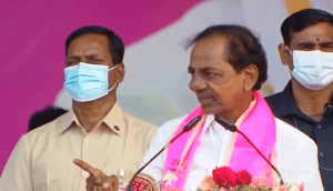 Telangana Chief Minister and TRS supremo K Chandrasekhar Rao (KCR) addresses a meeting in Munugode before the bypoll 