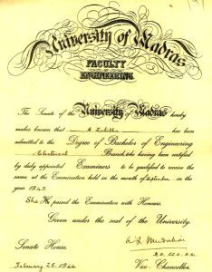 Degree certificate of Lalitha, first woman engineer from India