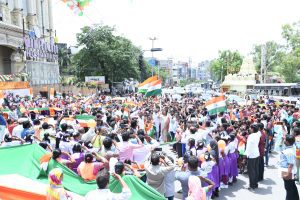 Students participating in mass national anthem singing in Hyderabad's Banjara Hills. 