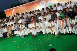 Telangana Congress President Revanth Reddy with Telangana Congress leaders during public meeting at Munugode assembly constituency. (File photo. Twitter : @revanth_anumula)