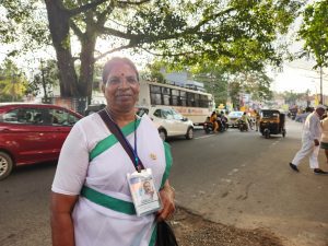 67 year old Vijayamma, an official member of Indian National Congress for 37 years participating in the Bharat Jodo Yatra at Thiruvananathapuram. South First/ Anusha Ravi Sood.