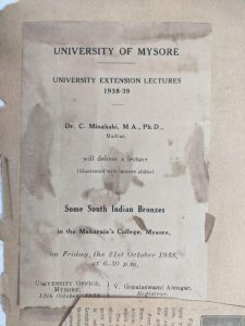 An invitation to a lecture by historian C Minakshi on ‘Some South Indian Bronzes’ at the Maharaja College, Mysore in 1938 