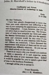 John H Marshall letter to V Venkayya