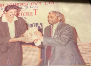 The then Indian cricket team captain Kapil Dev releases the book World Cup Cricket, authored by Dr Narottam Puri