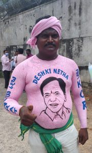 Suresh Yadav, a farmer from Suryapet district painted his body. 