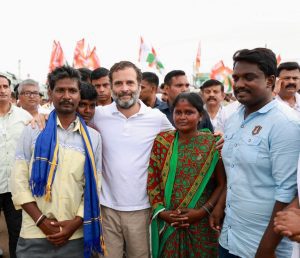 Shobha's family with Dalit rights activists walk with Rahul Gandhi during Bharat Jodo Yatra on Sunday. (Facebook: Rahul Gandhi)