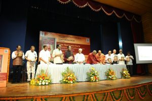 Dr Narendra Jadhav, Member of Parliament (Rajya Sabha), releases the book 'Sree Narayana Guru: The Perfect Union of Buddha and Sankara - A Comprehensive Biography' in New Delhi on 14 June 2018. (From left): KPR Nair, former Kannur University Vice-Chancellor P. Chandramohan, V Muraleedharan, MP-Rajya Sabha, A Sampath, MP-Lok Sabha, Ambassador TP Sreenivasan (Retd), Prof Lokesh Chandra, chairman, Nehru Memorial Museum and Library, Swami Guruprasad, Sivagiri Mutt, author Asokan Vengassery Krishnan, and Dr AK Merchant, National Trustee-cum-Secretary, Lotus Temple & Bahá'í Community of India 