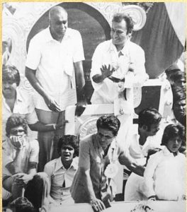 Actor Rajkumar during the Gokak agitation in 1982 along with political leader Ragupathy and Karnataka film producer Lakshman. In the front is Puneeth Rajkumar (Kannada Dindima: History of post-unification Kannada struggle, RN Chandrashekar)