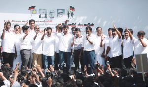 DMK leaders at an anti-Hindi imposition protest in Chennai on Saturday, 15 October, 2022. (Supplied)