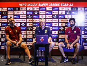 (left to right) Captain Joao Victor, Head Coach Manolo Marquez and vice-captain Nikhil Poojary at the press conference on 6 October. (Supplied)