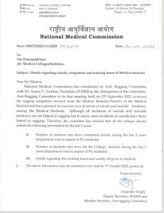 Circular sent by NMC seeking data from medical colleges across the country