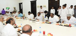 JDS' HD Kumaraswamy and VCK's Thol Thirumavalavan with Telangana CM K Chandrashekhar Rao on Wednesday. (Ajay Tomar/South First)