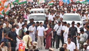 AICC Interim President Sonia Gandhi shares a smile with Rahul Gandhi at Bharat Jodo Yatra on Thursday in Mandya. (Supplied)