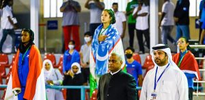Mubbsina Mohammed receiving Silver Medial at the 4th Asian U18 Athletics Championships held in Kuwait. (Supplied)