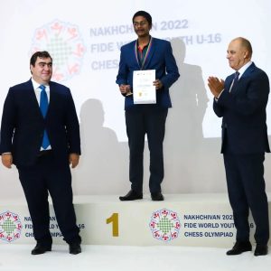 Pranav V after winning the 2022 World Youth U-16 Chess Olympiad.