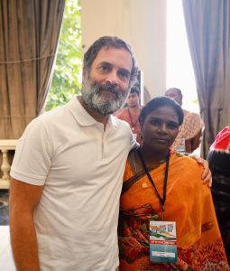 Rahul Gandhi with a women representative at the Bharat Jodo Yatra in Hyderabad.